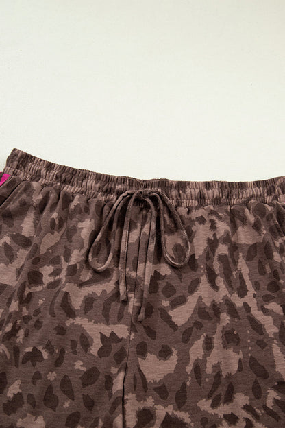 Brown Retro Leopard Print Contrast Varsity Stripe Trim Plus Size 2pcs Short Set 🇺🇸