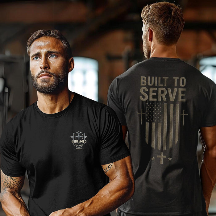Built to Serve Christian T-Shirt: Patriotic American Flag Cross Tee