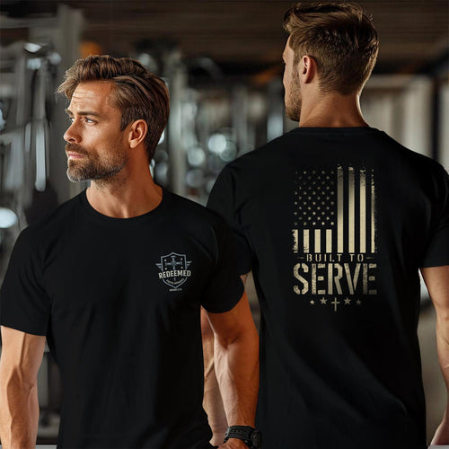 Built to Serve T-Shirt: Christian Patriotic Distressed American Flag Tee