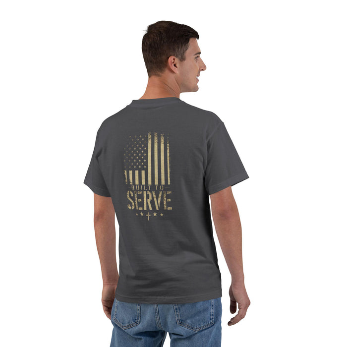 Built to Serve T-Shirt: Christian Patriotic Distressed American Flag Tee