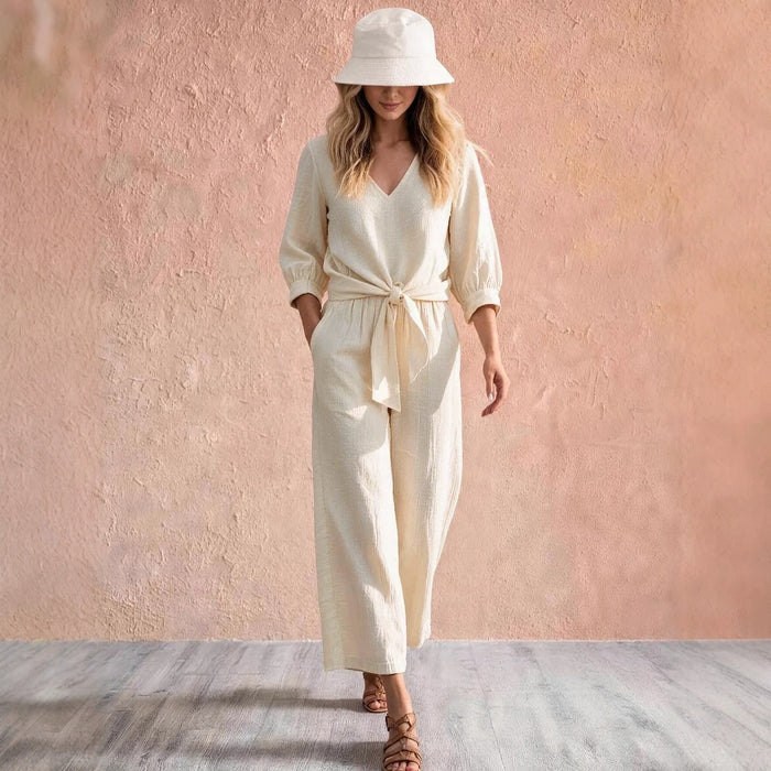 Camille V-neck two-piece set with wide-leg trousers