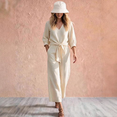 Camille V-neck two-piece set with wide-leg trousers