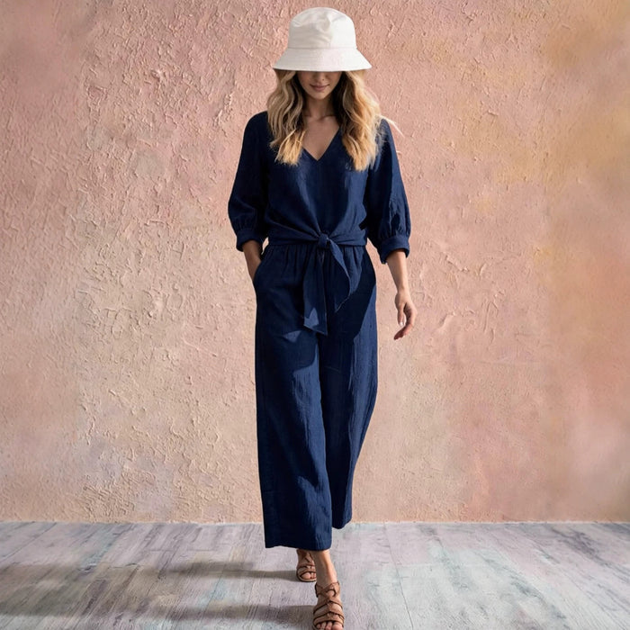 Camille V-neck two-piece set with wide-leg trousers
