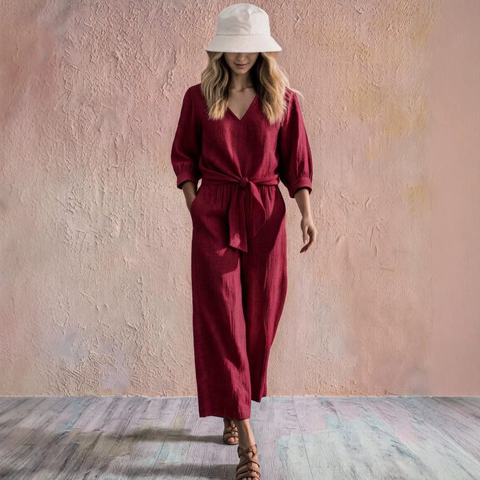 Camille V-neck two-piece set with wide-leg trousers