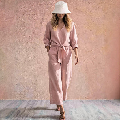 Camille V-neck two-piece set with wide-leg trousers