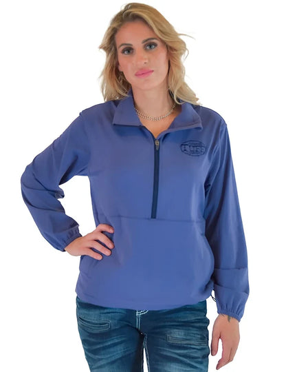 Cowgirl Tuff Ladies Purple Athletic Stretch 1/2 Zip Cadet with pouch pocket with Navy embroidered logo