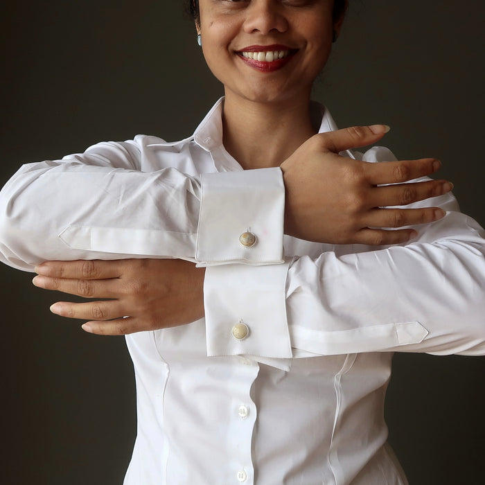 woman modeling crazy lace agate cufflinks