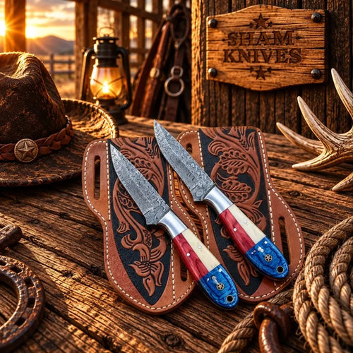 Custom Damascus Cowboy Skinner Set – USA Flag Handles & Sheaths