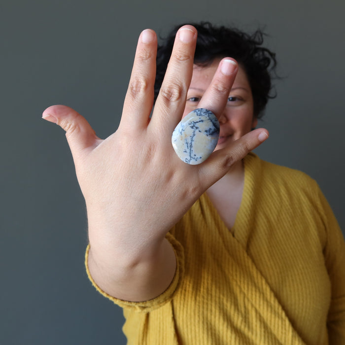 female model wearing dendritic jasper ring