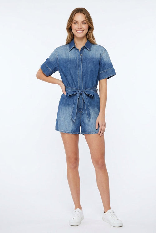 Denim belt button romper