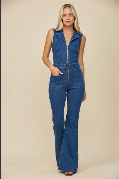 Denim Sleeveless belted jumpsuit