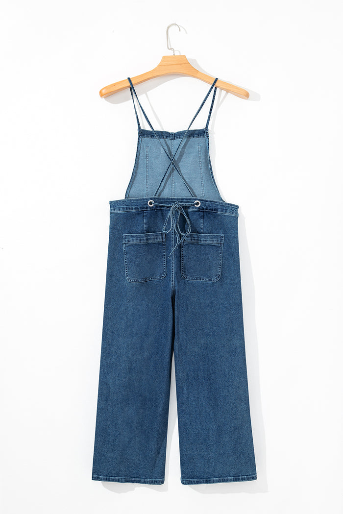 Dusk Blue Adjustable Tie Straps Cropped Wide Leg Denim Overalls 🇺🇸