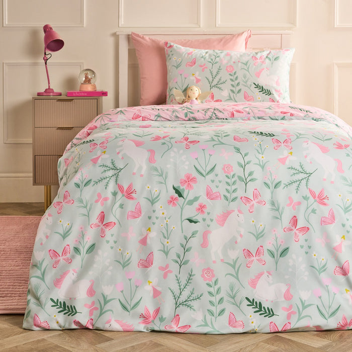 Enchanted Unicorn Print Duvet Cover Set - Sage/Pink 🇬🇧