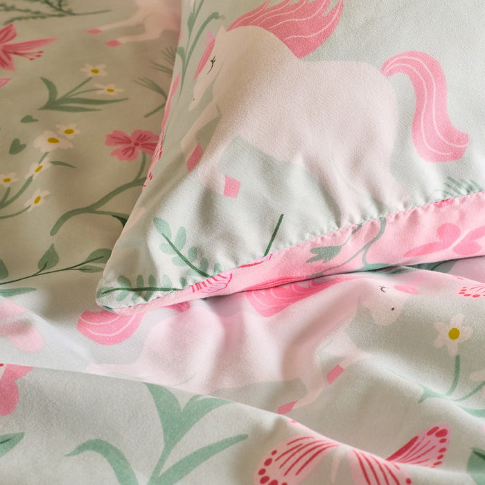 Enchanted Unicorn Print Duvet Cover Set - Sage/Pink 🇬🇧