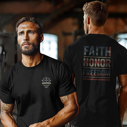 Faith Honor Freedom T-Shirt - Patriotic Christian American Flag Shirt, God and Country Graphic Tee for Men and Women, Christian Gifts Men
