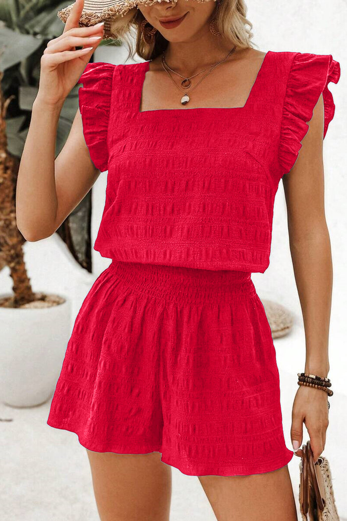 Fiery Red Textured Square Neck Top and Shirred High Waist Shorts Set 🇺🇸