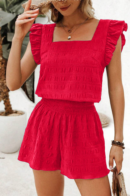 Fiery Red Textured Square Neck Top and Shirred High Waist Shorts Set 🇺🇸