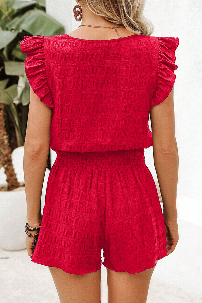 Fiery Red Textured Square Neck Top and Shirred High Waist Shorts Set 🇺🇸