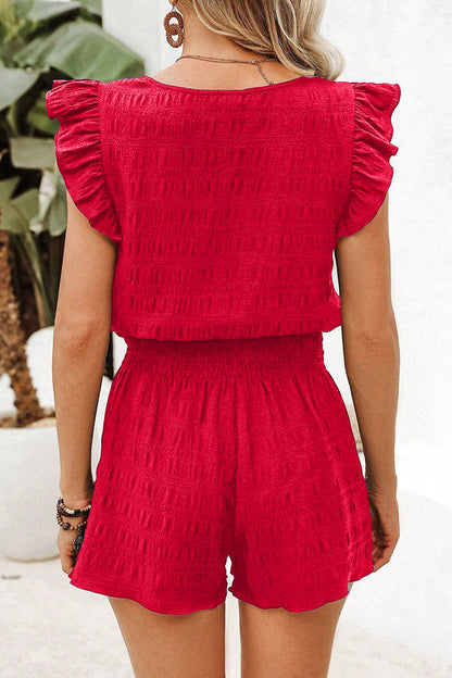 Fiery Red Textured Square Neck Top and Shirred High Waist Shorts Set 🇺🇸