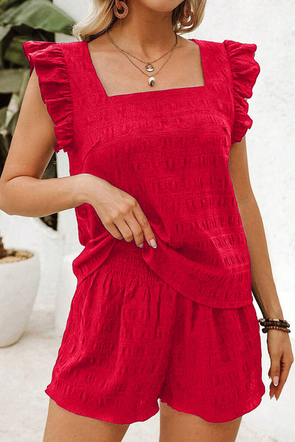 Fiery Red Textured Square Neck Top and Shirred High Waist Shorts Set 🇺🇸
