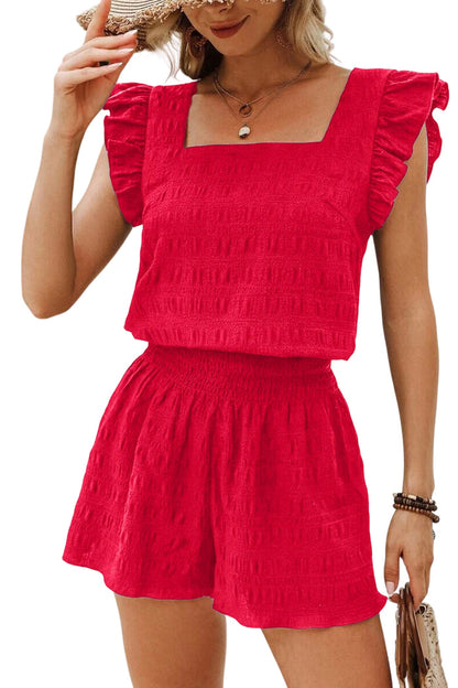 Fiery Red Textured Square Neck Top and Shirred High Waist Shorts Set 🇺🇸