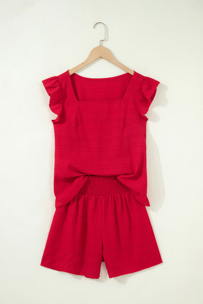 Fiery Red Textured Square Neck Top and Shirred High Waist Shorts Set 🇺🇸