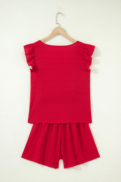 Fiery Red Textured Square Neck Top and Shirred High Waist Shorts Set 🇺🇸