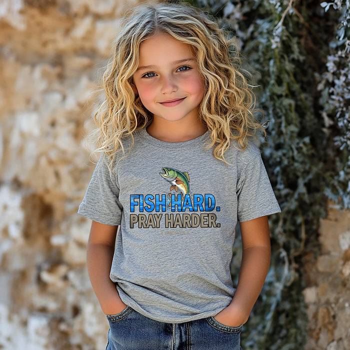 Fish Hard Pray Harder Kids T-Shirt, Christian Fishing Tee, Redeemed Faith Apparel