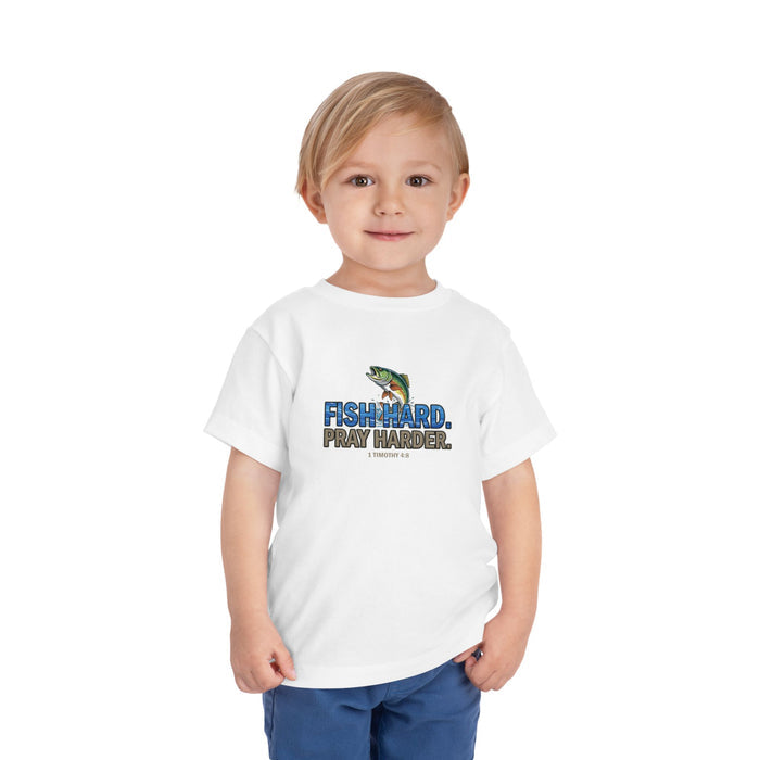 Fish Hard Pray Harder Kids T-Shirt, Christian Fishing Tee, Redeemed Faith Apparel