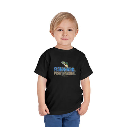 Fish Hard Pray Harder Kids T-Shirt, Christian Fishing Tee, Redeemed Faith Apparel