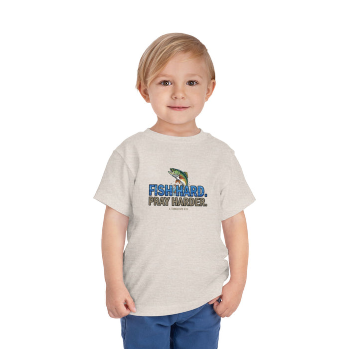 Fish Hard Pray Harder Kids T-Shirt, Christian Fishing Tee, Redeemed Faith Apparel