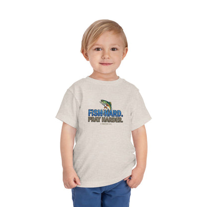 Fish Hard Pray Harder Kids T-Shirt, Christian Fishing Tee, Redeemed Faith Apparel