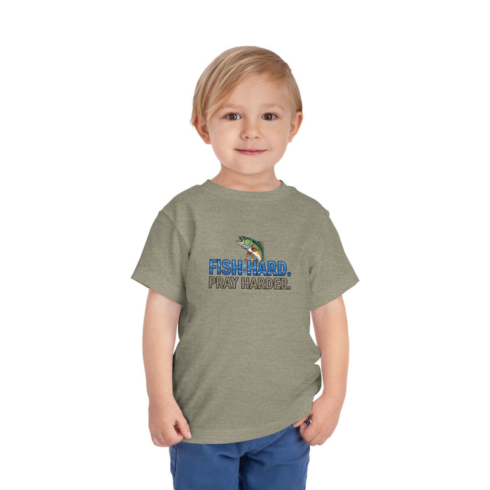 Fish Hard Pray Harder Kids T-Shirt, Christian Fishing Tee, Redeemed Faith Apparel