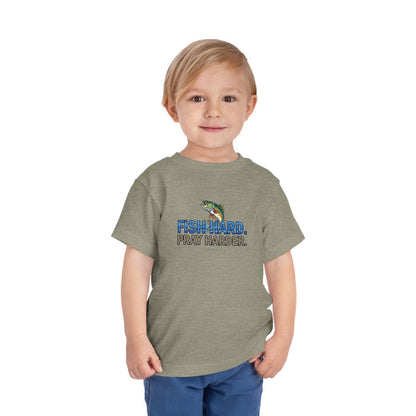 Fish Hard Pray Harder Kids T-Shirt, Christian Fishing Tee, Redeemed Faith Apparel