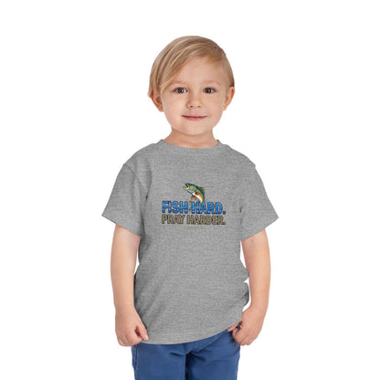 Fish Hard Pray Harder Kids T-Shirt, Christian Fishing Tee, Redeemed Faith Apparel