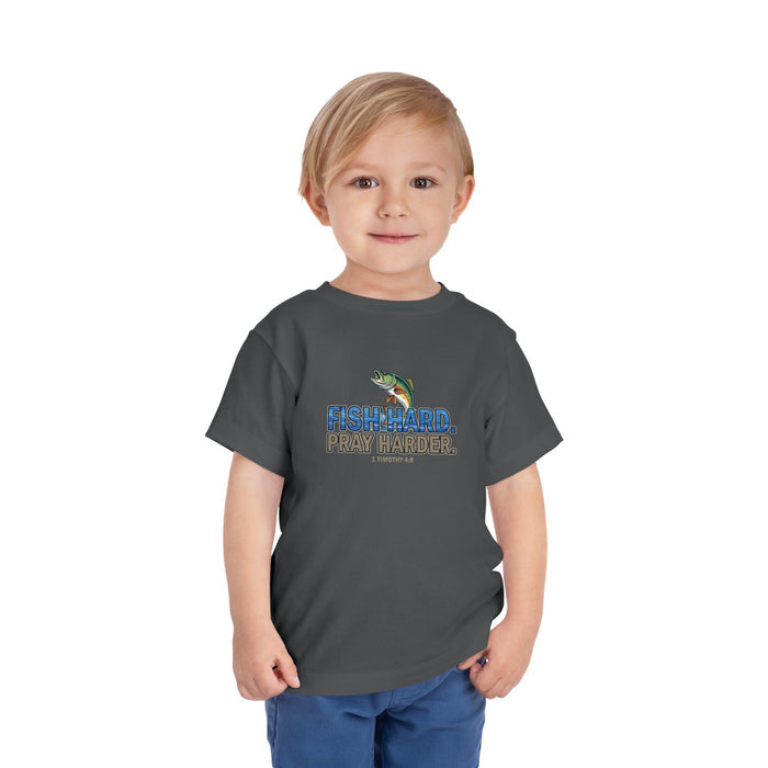 Fish Hard Pray Harder Kids T-Shirt, Christian Fishing Tee, Redeemed Faith Apparel