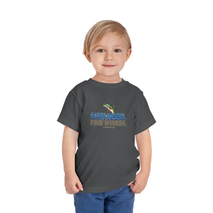 Fish Hard Pray Harder Kids T-Shirt, Christian Fishing Tee, Redeemed Faith Apparel