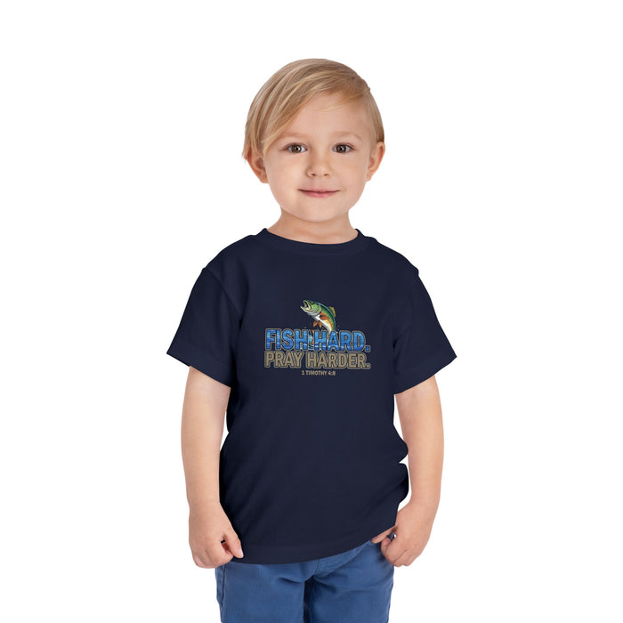 Fish Hard Pray Harder Kids T-Shirt, Christian Fishing Tee, Redeemed Faith Apparel