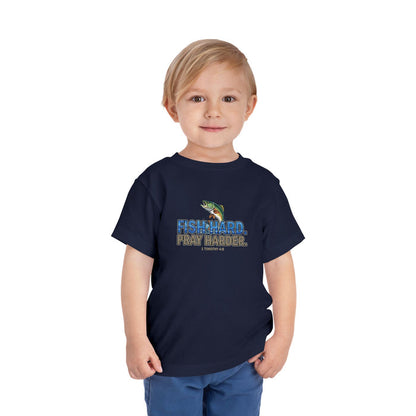 Fish Hard Pray Harder Kids T-Shirt, Christian Fishing Tee, Redeemed Faith Apparel