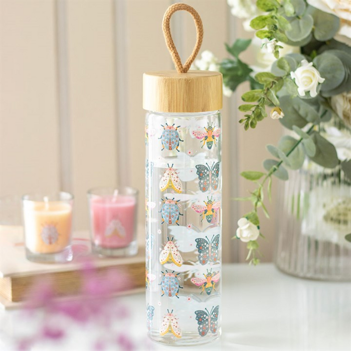 Floral Bug Print Glass Water Bottle 🇬🇧