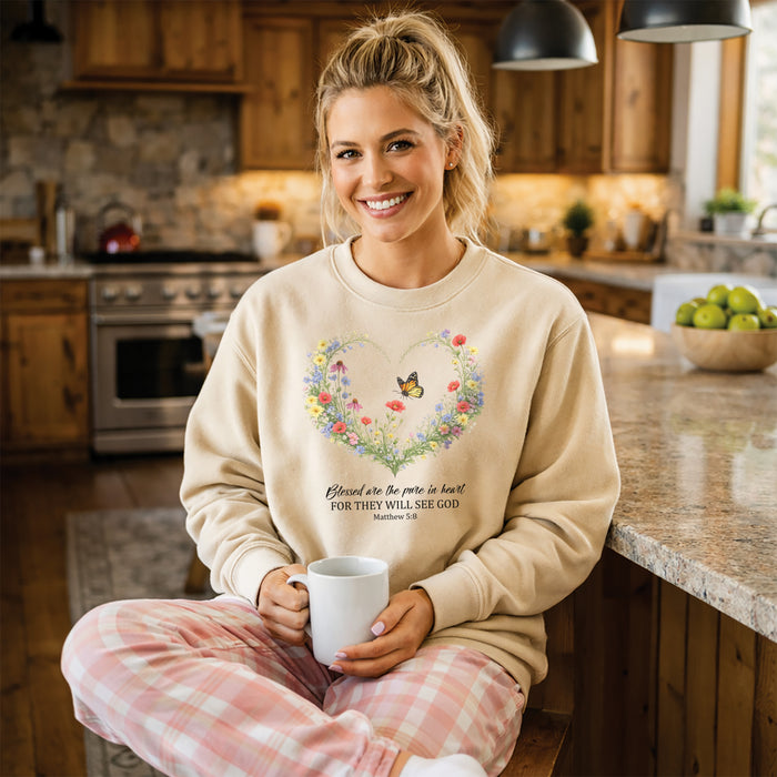 Floral Heart Wreath with Butterfly Crewneck Sweatshirt | Inspirational Scripture Quote