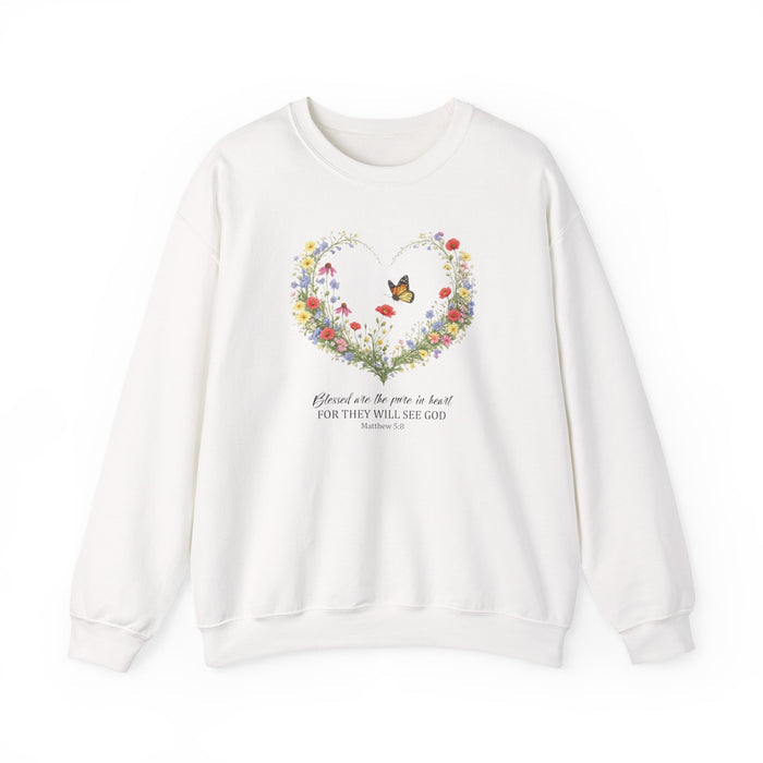 Floral Heart Wreath with Butterfly Crewneck Sweatshirt | Inspirational Scripture Quote