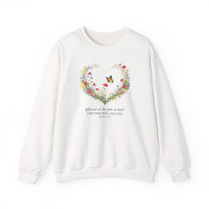 Floral Heart Wreath with Butterfly Crewneck Sweatshirt | Inspirational Scripture Quote