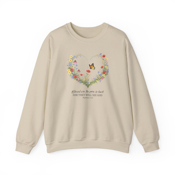 Floral Heart Wreath with Butterfly Crewneck Sweatshirt | Inspirational Scripture Quote