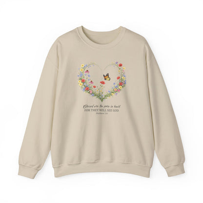 Floral Heart Wreath with Butterfly Crewneck Sweatshirt | Inspirational Scripture Quote