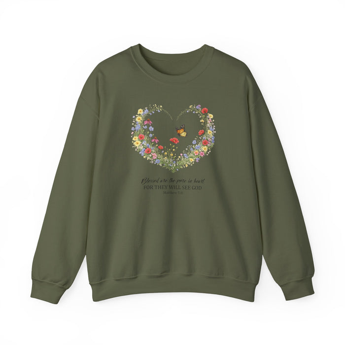 Floral Heart Wreath with Butterfly Crewneck Sweatshirt | Inspirational Scripture Quote