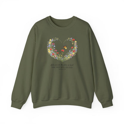 Floral Heart Wreath with Butterfly Crewneck Sweatshirt | Inspirational Scripture Quote