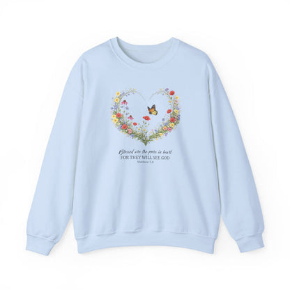 Floral Heart Wreath with Butterfly Crewneck Sweatshirt | Inspirational Scripture Quote