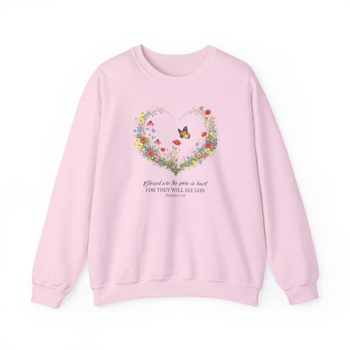 Floral Heart Wreath with Butterfly Crewneck Sweatshirt | Inspirational Scripture Quote