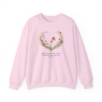 Floral Heart Wreath with Butterfly Crewneck Sweatshirt | Inspirational Scripture Quote